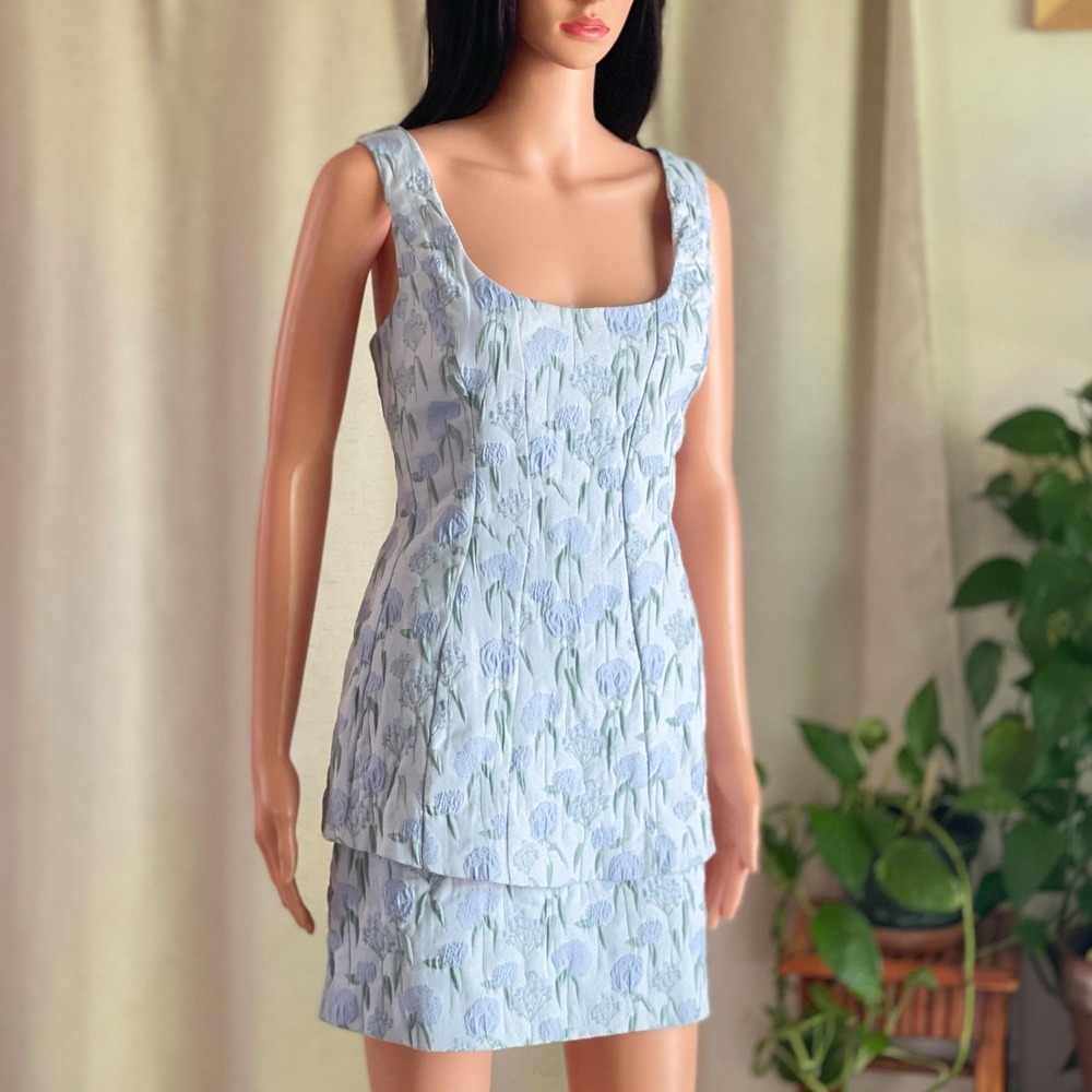 NWT Amanda Uprichard Empire Floral Jacquard Mini Dress Light Blue Coquette Sz L